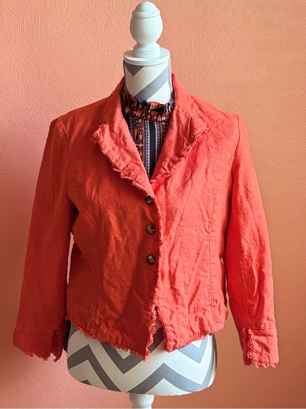 Harve Benard 100% Linen Coral Frayed-Edge Blazer